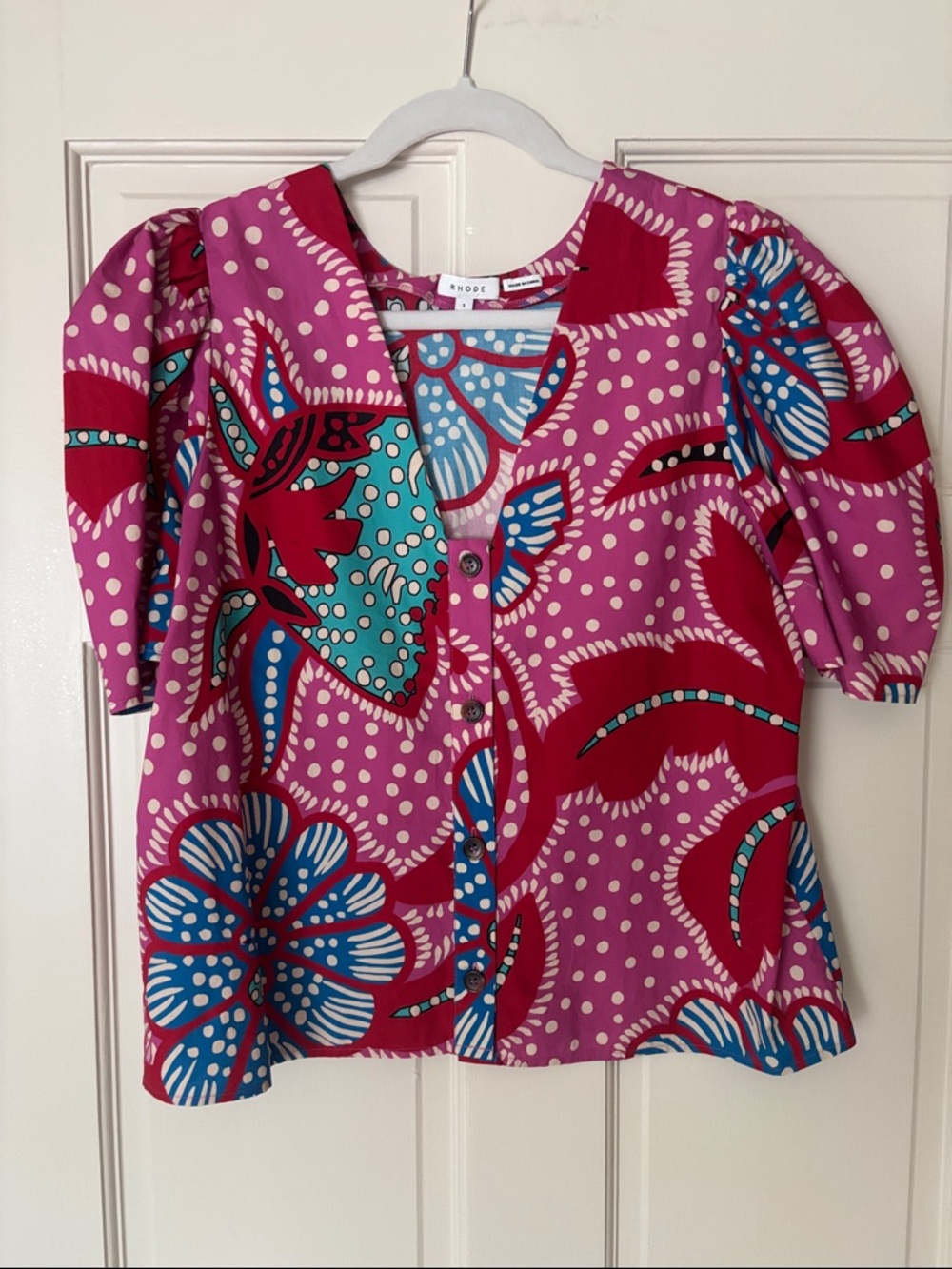 Rhode Nisha Pink Floral Button-Front Puff Sleeve Top